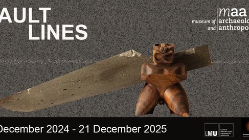 A side view of a sculpture featuring a kneeling carved wooden figure behind which a sloping slab of stone extends to the left. Text includes the exhibition title 'Fault Lines', the museum's and partners' logos and '6 December 2024 - 21 December 2025'.