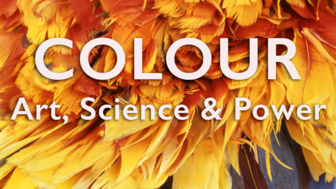 Close up image of a feather cloak, with details of yellow, red and orange feathers with blue plumage visible. The words 'COLOUR: Art, Science & Power' are overlaid.