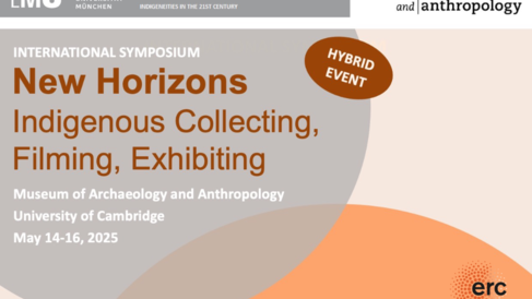 A graphic publicising an internation symposium titled 'New Horizons: Indigenous Collecting, Filming, Exhibiting' from 14th to 16th May 2025.