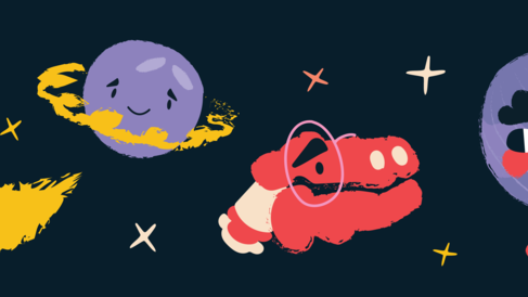 Colourful illustrations of a lantern, crescent moon, planet, dinosaur head, globe, and pencil. The moon, planet and globe have faces and the dinosaur wears glasses.