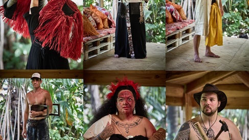 Six contemporary artists, some of whom are dressed in Indigenous costumes, holding a variety of objects. These include musical instruments and tools.