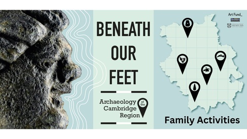 Exhibition banner showing a copper alloy face on the left, the exhibition title in the centre and a map of Cambridgeshire with pins indicating the location of archaeological finds on the right.