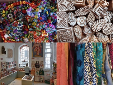 Close ups of brightly coloured beaded bracelets and scarves made from recycled silk saris, as well as collection of small print blocks in a range of different patterns. The museum shop with its large windows and displays of gifts is browsed by a visitor.