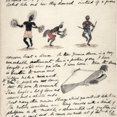 A page filled with handwritten notes and small drawings. The drawings include people dancing and rowing a canoe.