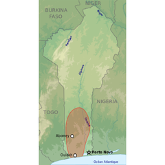 A map showing the area occupied by the Kingdom of Dahomey within Benin in 1894 in relation to the modern borders of Nigeria and Togo.