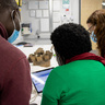 Rose Mwanja Nkaale, Nelson Abiti and MAA's Rachel Hand look at a computer screen showing the MAA database. A Ugandan object is visible on the table in the background; they are in the Centre of Material Culture, MAA's off-site storage facility.