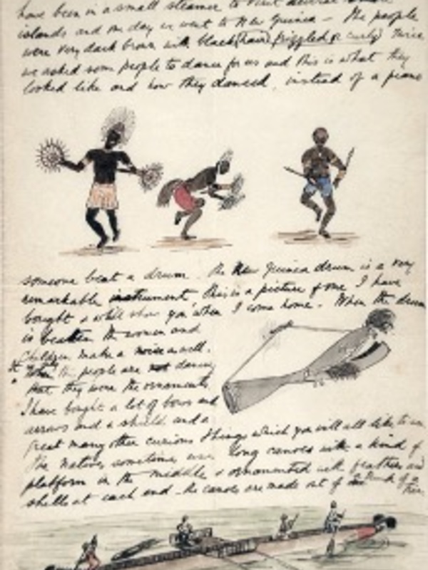 A page filled with handwritten notes and small drawings. The drawings include people dancing and rowing a canoe.