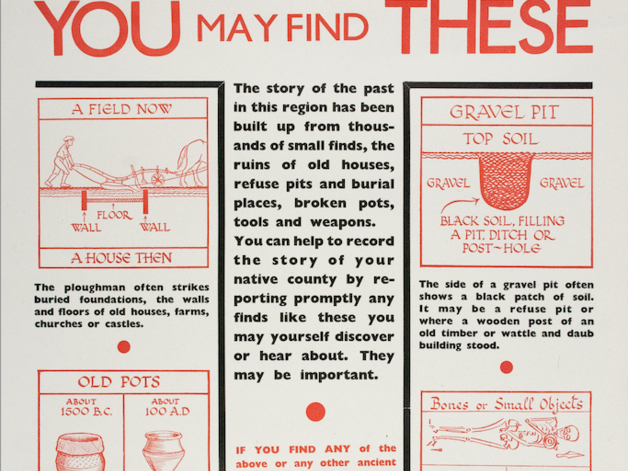 A historic poster intended to educate the public on how to alert the appropriate contacts if they discovered archaeological remains in Cambridgeshire and Ely.