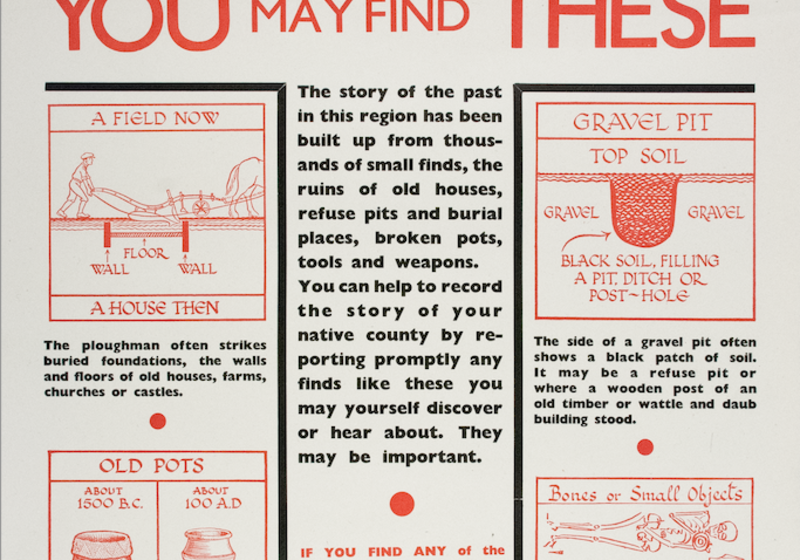 A historic poster intended to educate the public on how to alert the appropriate contacts if they discovered archaeological remains in Cambridgeshire and Ely.