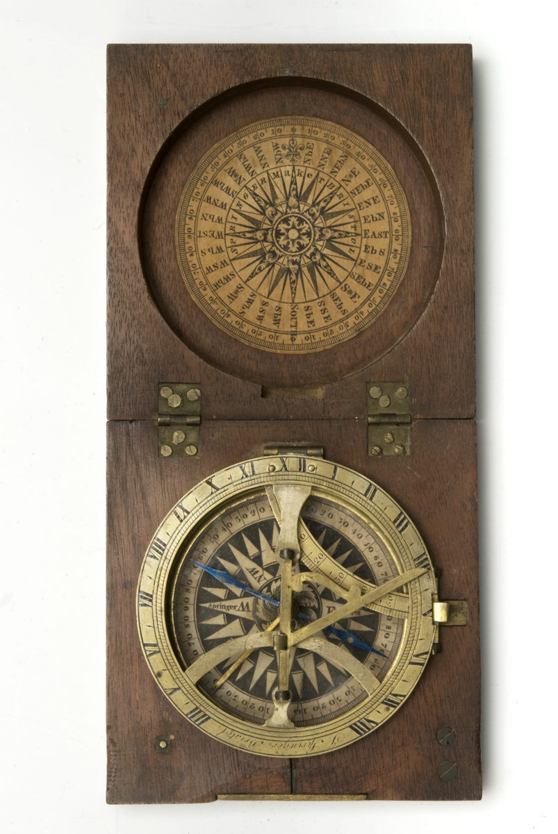 18th-century sundial and compass in mahogany case