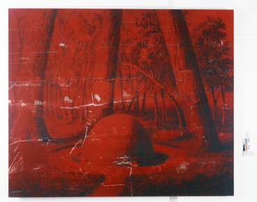 'The Island I' [red mound], by Brook Andrew, 2007. Screen print in mixed media on linen.