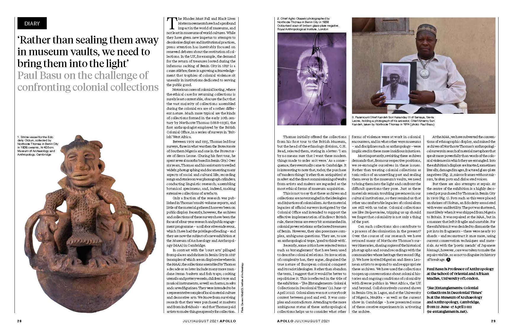 Screenshot of Apollo article. 'Rather than sealing them away in museum vaults, we need to bring them into the light', Paul Basu on the challenge of confronting colonial collections.