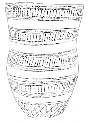 A line drawing of a Beaker-style pot. There are horizontal segments containing dotted patterns.