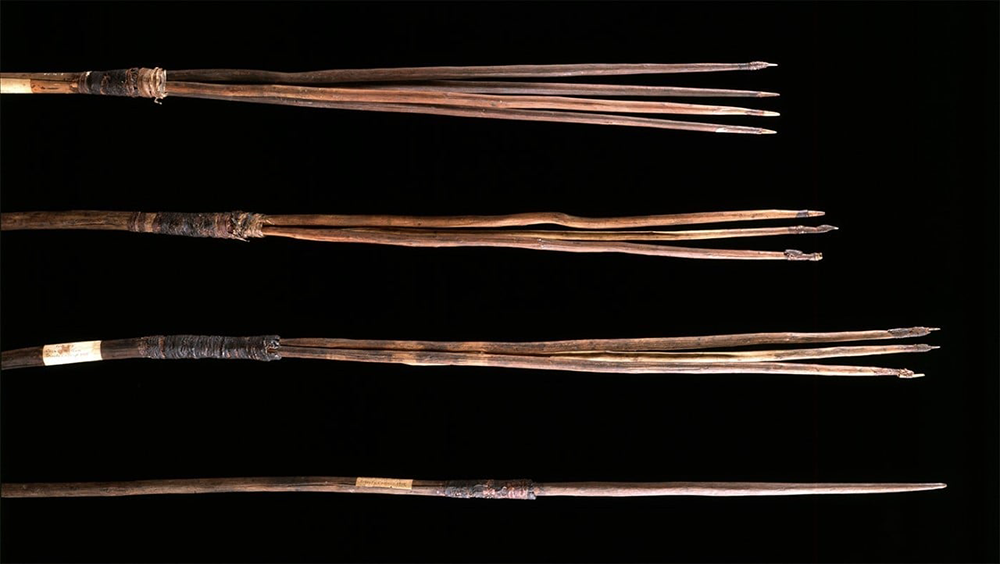 Four spears laid horizontally against a black background. From top to bottom, they have: four prongs; three prongs; three prongs; one prong. Made of wood and bound with rope.