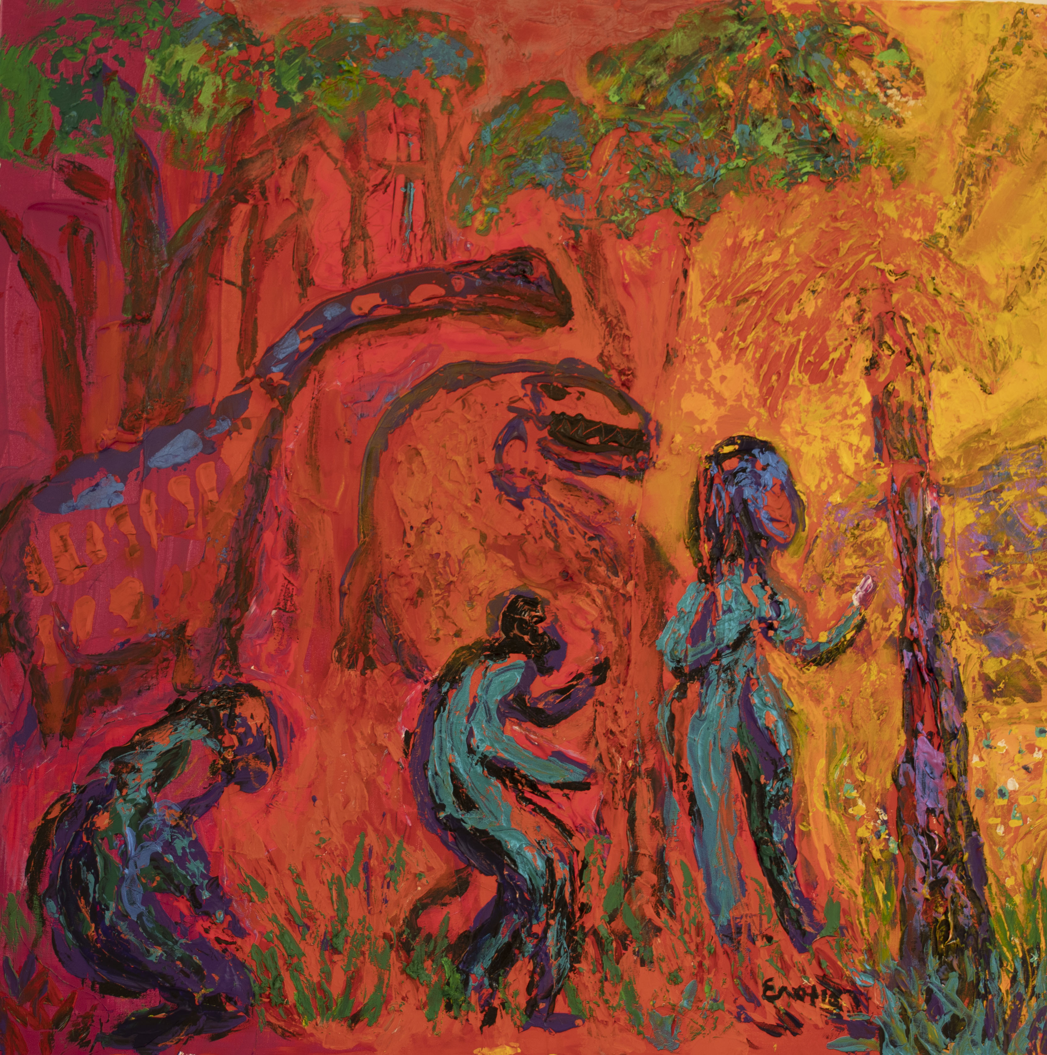 The image features three dinosaur and man's evolution from a crouching ape to a woman holding a mobile phone.