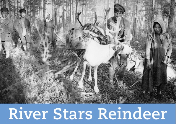 A black and white photo of “Reindeer with pack & crib held by Kardin & Nikolaevich Buldotovsky.” 
