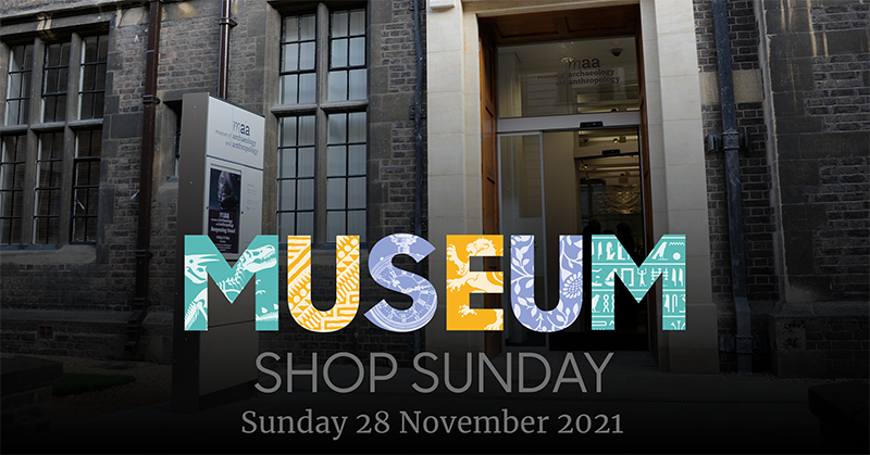 Photo of the MAA entrance, vignetted to black at the bottom and with an overlay reading 'Museum Shop Sunday: Sunday 28 November 2021'