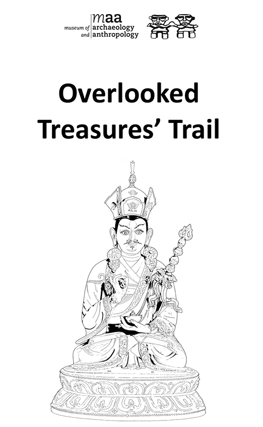 Overlooked treasures trail front cover. Title text and logo above a black and white line drawing of an Indian deity object.