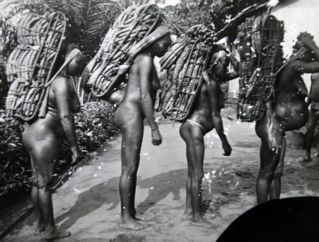 A black and white photo of women carrying large loads of kwanga, pre 1905.