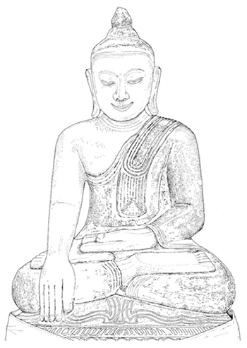 A line drawing of a statue of a seated buddha, in the 'earth- touching position'