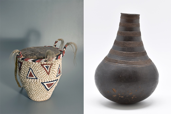 Two photographs of objects. On the left is a royal drum in cream, red and black with triangular decoration, and on the right is a black glazed earthenware milk pot.