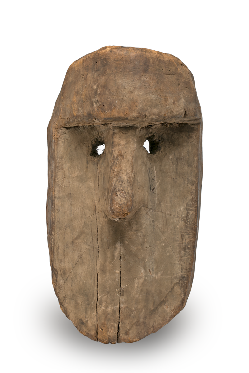 Large, carved wooden face mask with prominent nose and forehead.