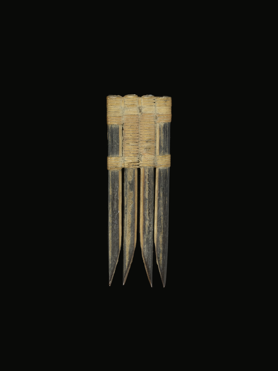  A small comb made from cane. Consisting of four lengths that been bound together with plant fibre and sharpened at the tip to form prongs.