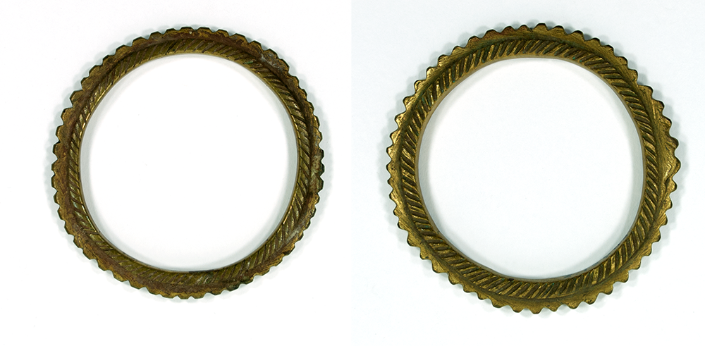 Two bracelets of wrought brass, with ridges and decoration.