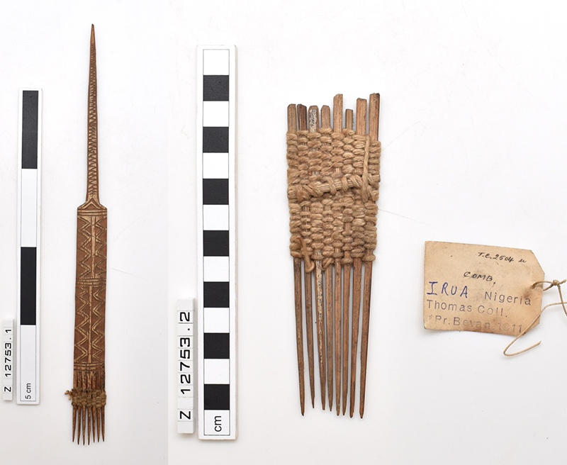 Two combs carved from wood. One is narrow and rectangular with seven tapered prongs and decorated with lines and zigzags; the other is eight tapering prongs bound together with cotton.
