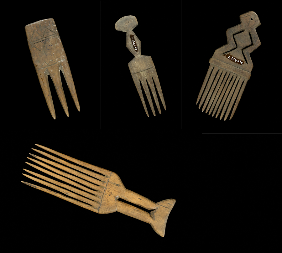 Four combs against a black background, from Sabongida, Nigeria. Ora/Edo culture. MAA Cambridge