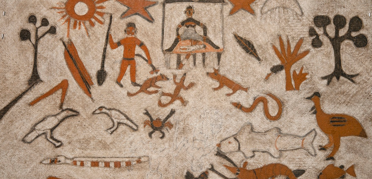 Pir natal (Christmas mat) showing Mary giving birth in a traditional Asmat forest camp.