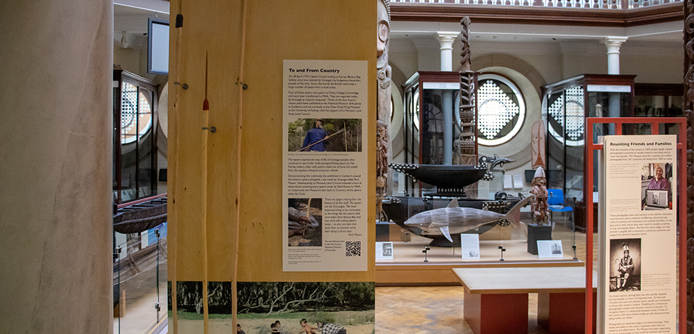 A gallery shot of the new spears display, showing three spears against a wooden stand. The Maudslay gallery and various cases and objects are visible behind it.