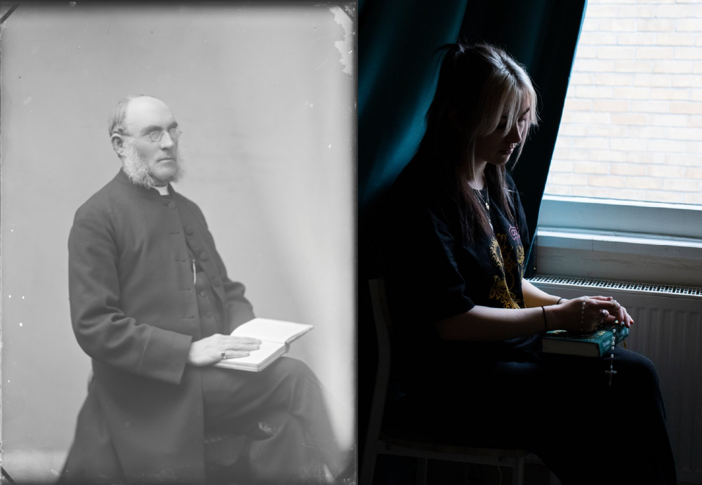 Two images side by side. One black and white photograph, showing a priest seated, holding a book. The other of a woman sat down, holding her grandfather's possessions, dimly lit.